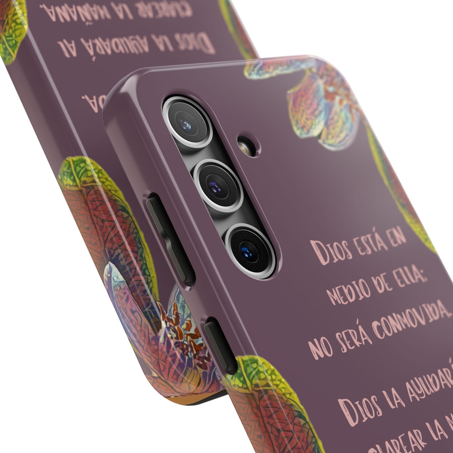 Christian phone case with Spanish Scripture and colorful floral design, close-up view