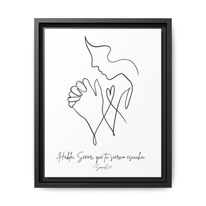 Christian wall art of a praying figure in line art style with Spanish Bible verse.