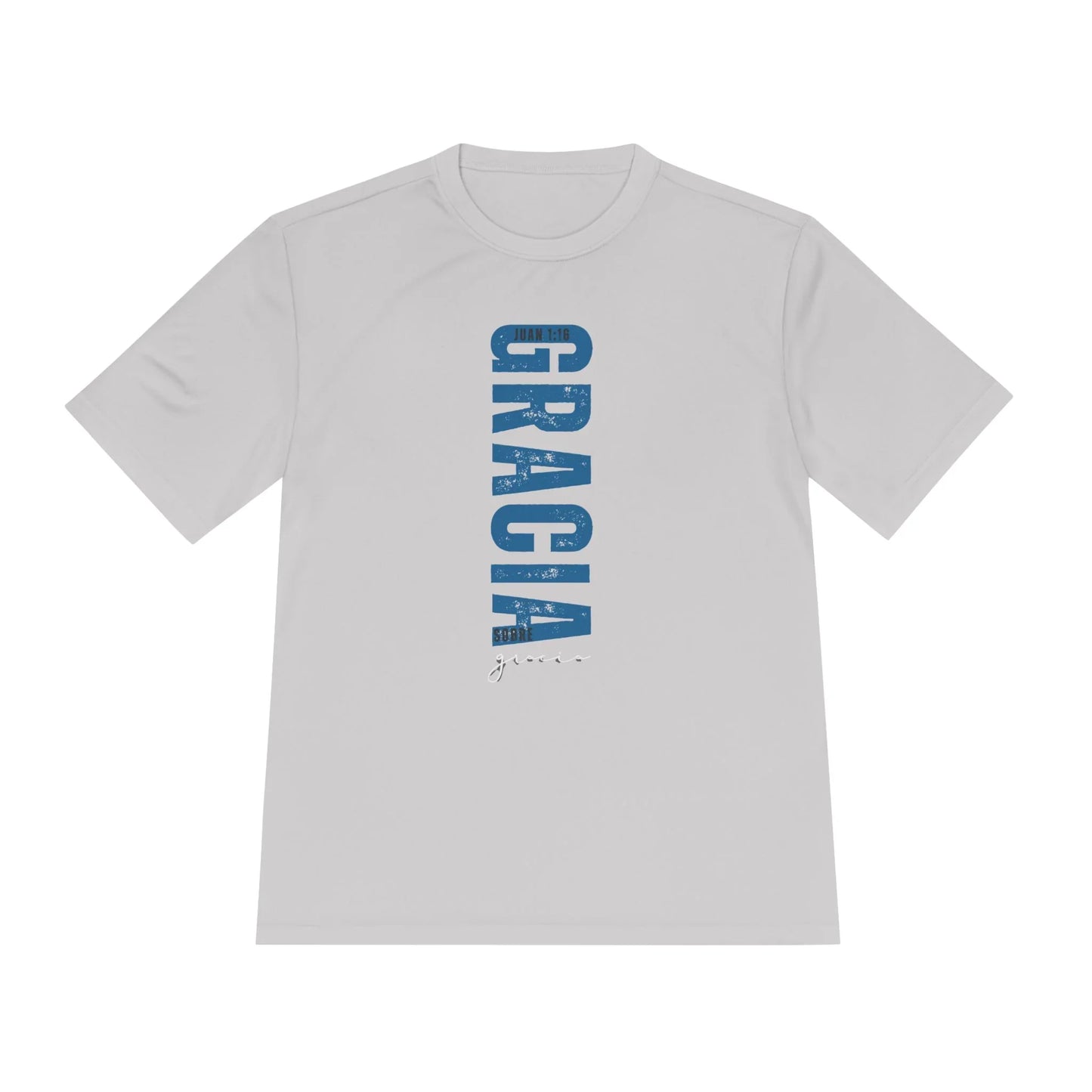 White Christian t-shirt with blue 'GRACIA' print and John 1:16 Bible verse design