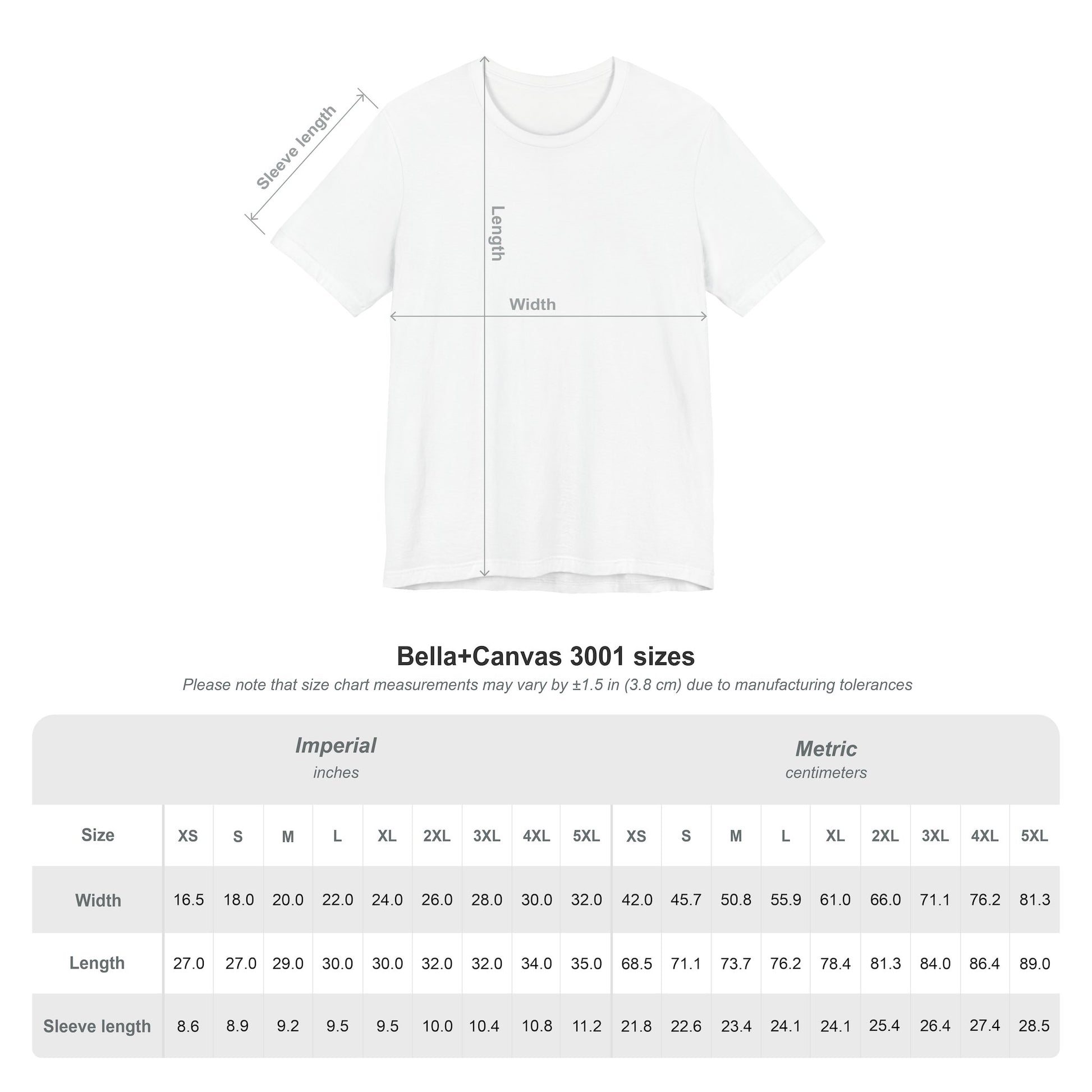 Bella+Canvas 3001 t-shirt size chart with measurements in inches and centimeters.