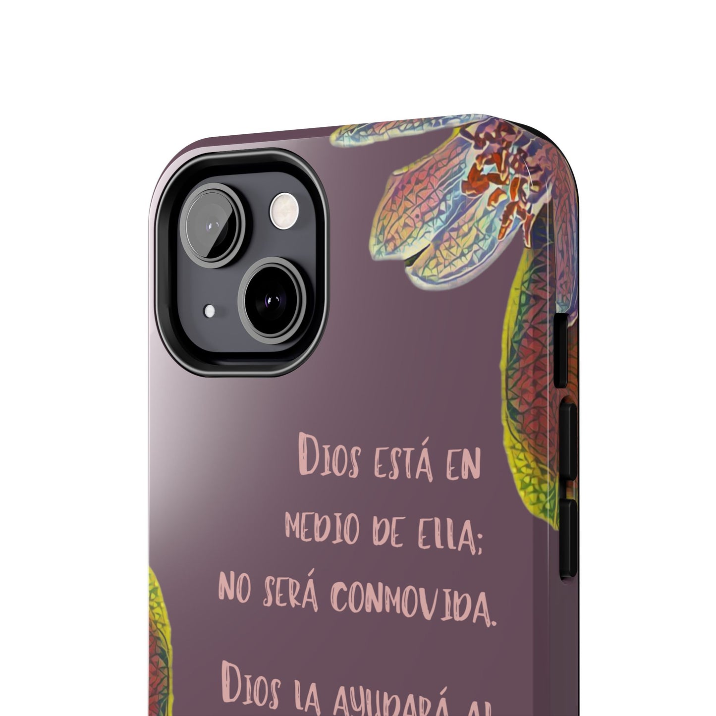 Christian phone case with Spanish Bible verse and colorful floral design