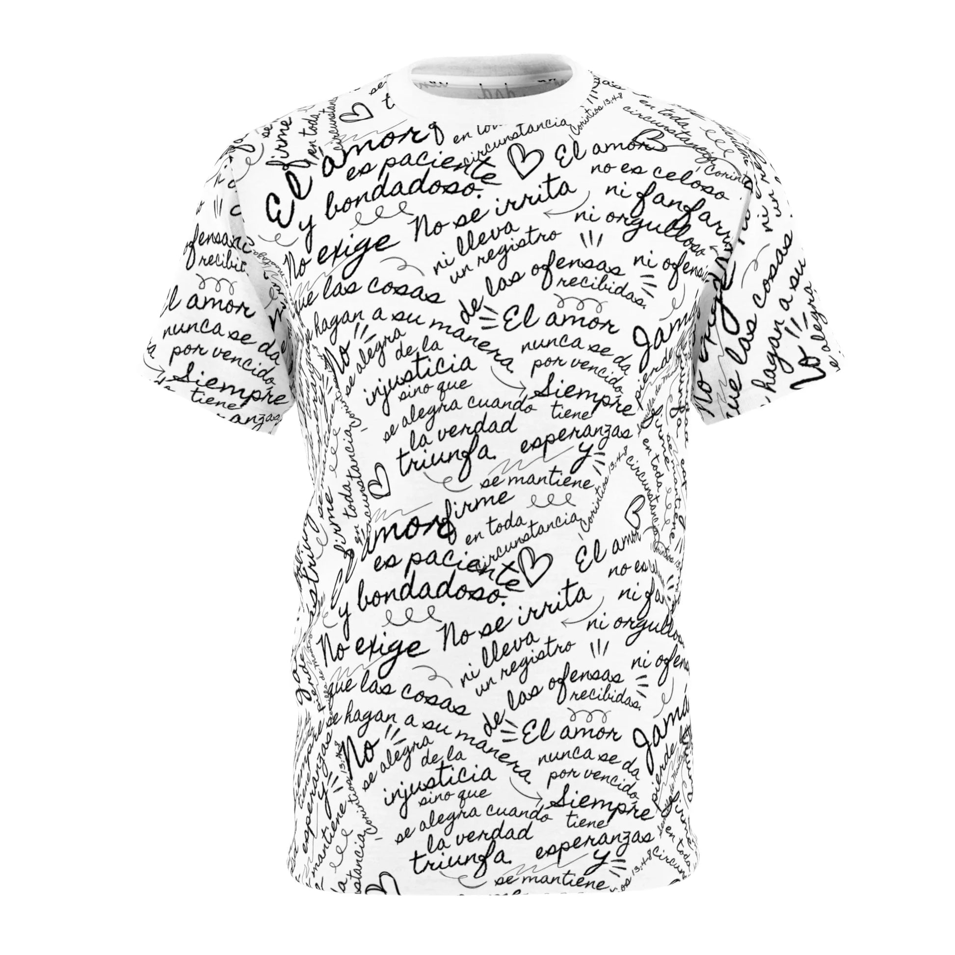 White Christian t-shirt with Spanish Bible verse script and heart designs
