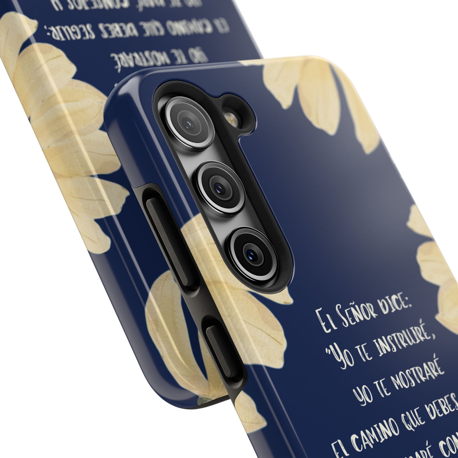 Navy blue Christian phone case with yellow floral design and Spanish Scripture verse