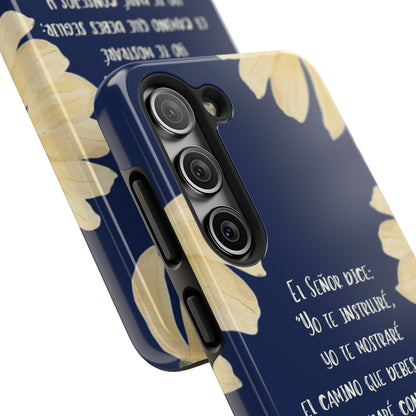 Navy blue Christian phone case with yellow floral design and Spanish Scripture verse