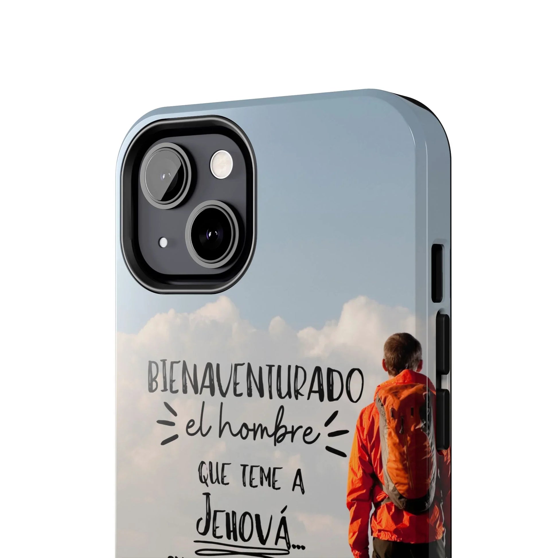 Christian phone case with Spanish Scripture, hiker in orange jacket, sky background