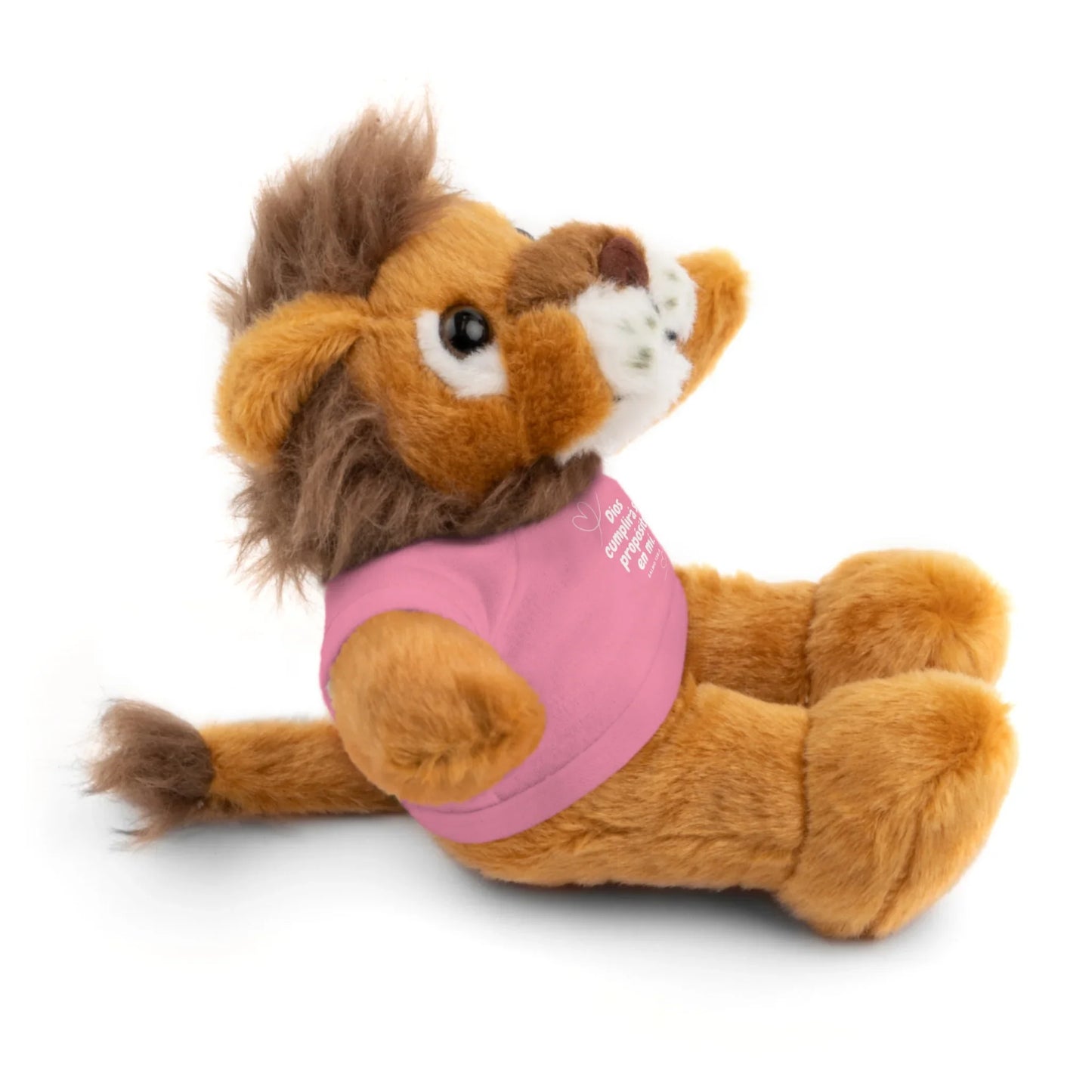 Plush lion toy wearing a pink shirt with inspirational Christian text, on white background