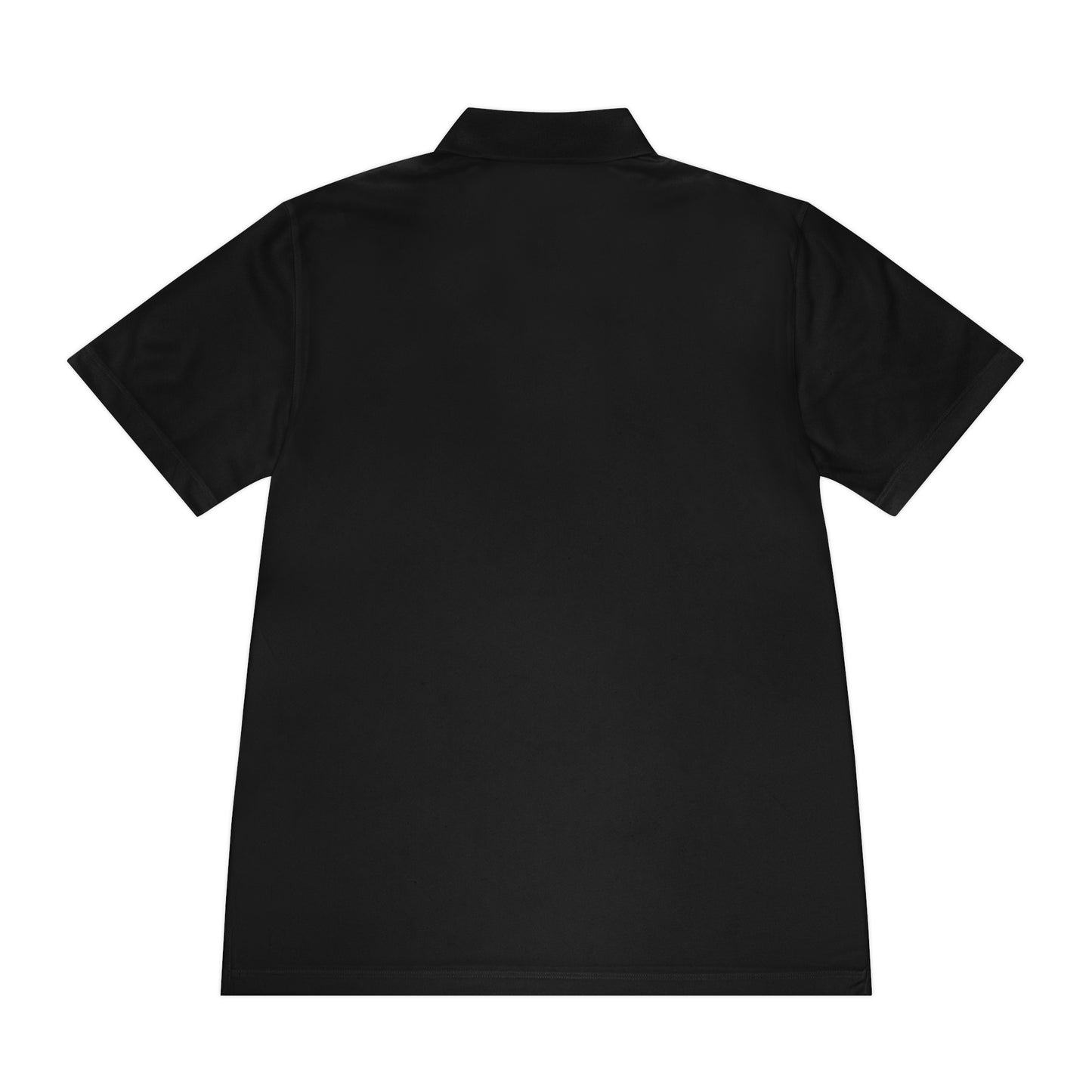 Back view of plain black short sleeve polo shirt on white background