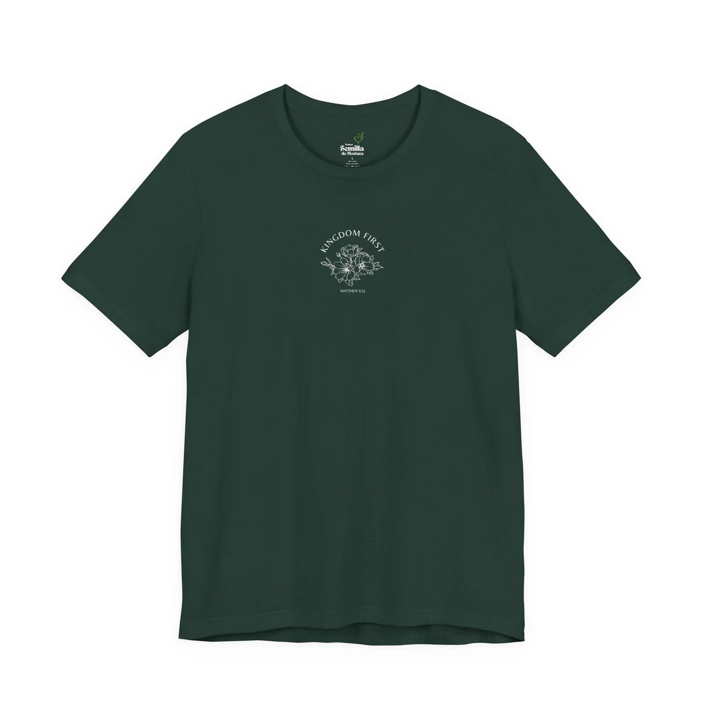 Dark green Christian t-shirt with 'Kingdom First' and floral graphic, Matthew 6:33 verse.