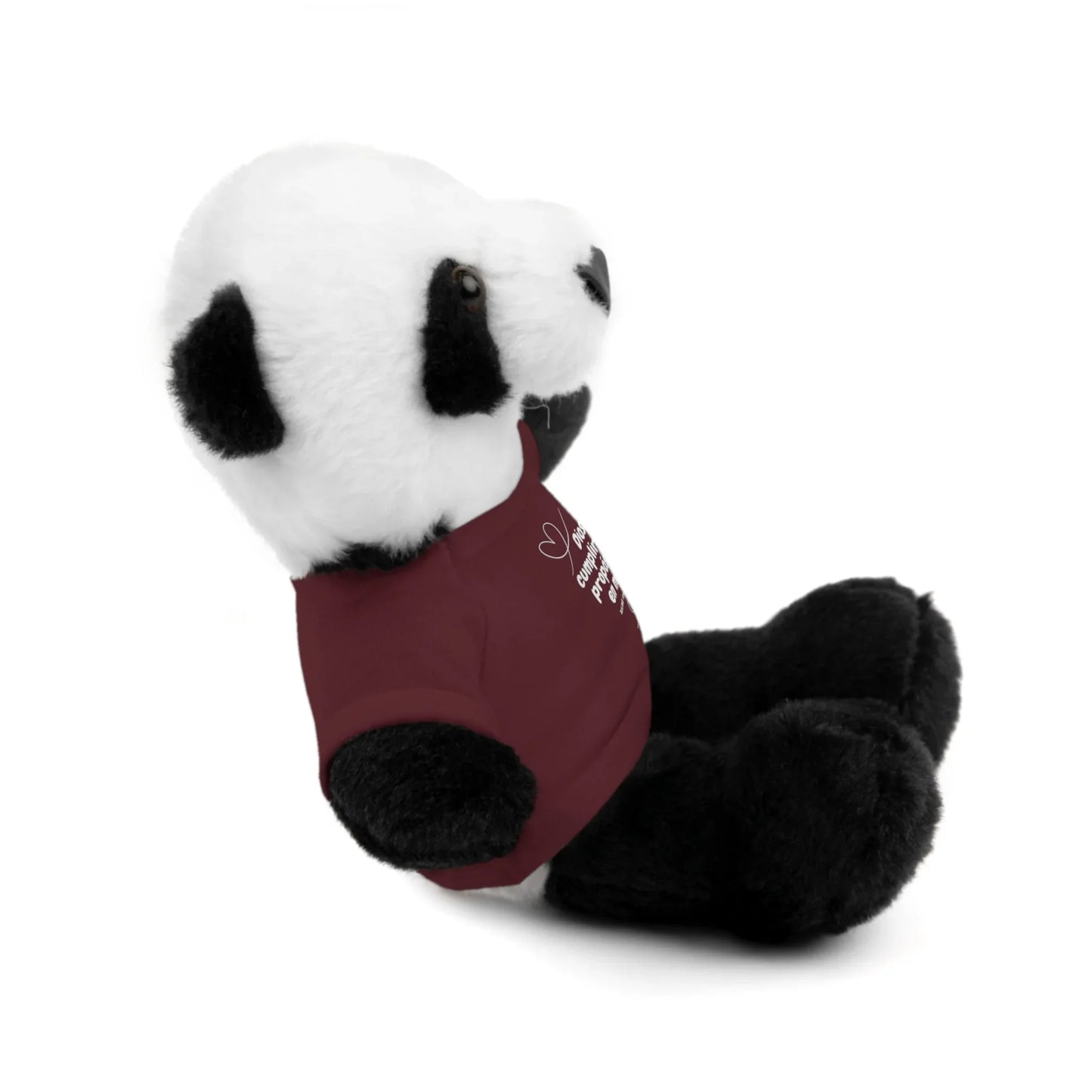 Plush panda bear wearing burgundy shirt with inspirational Christian message