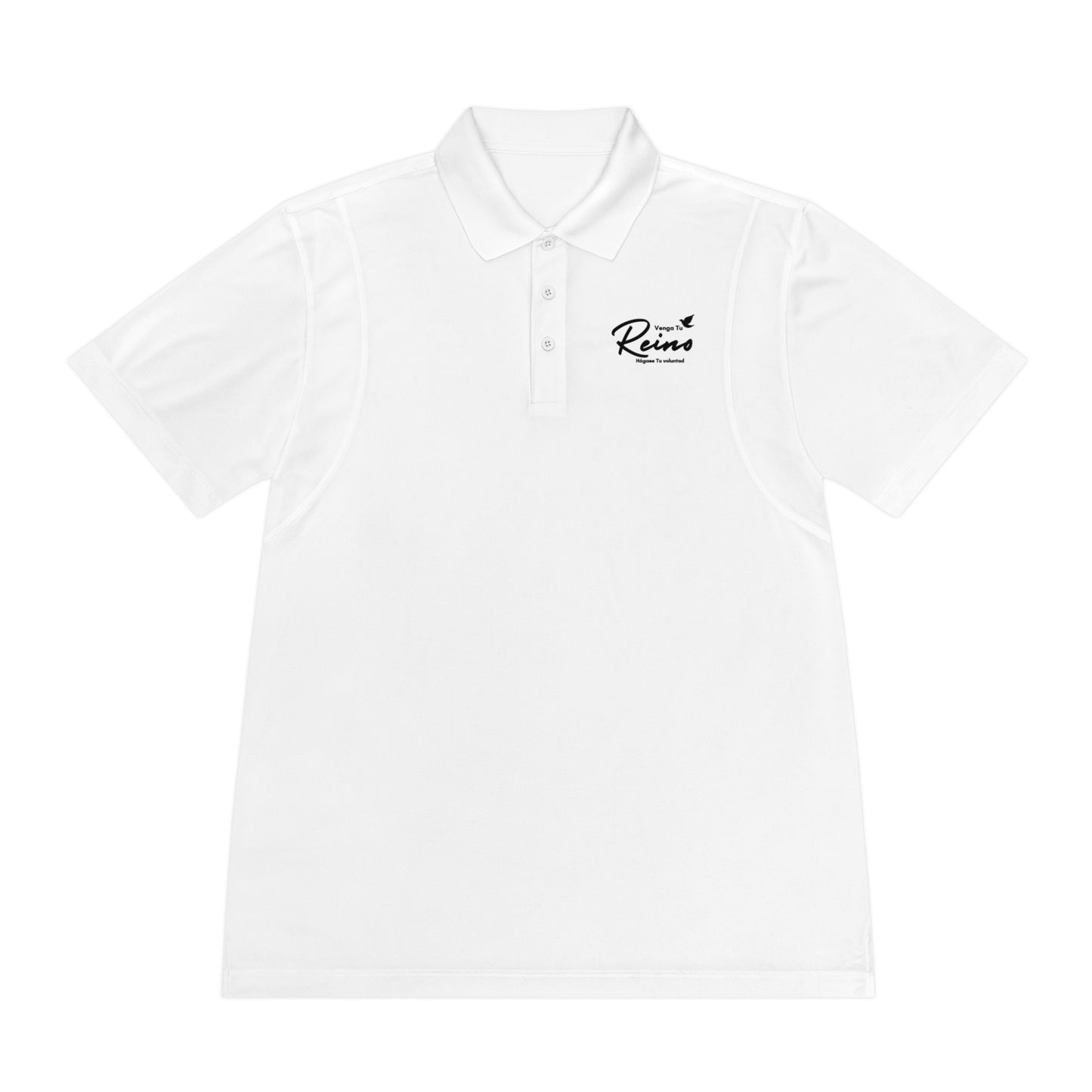 White Christian polo shirt with "Viviendo el Reino" script and dove graphic on chest