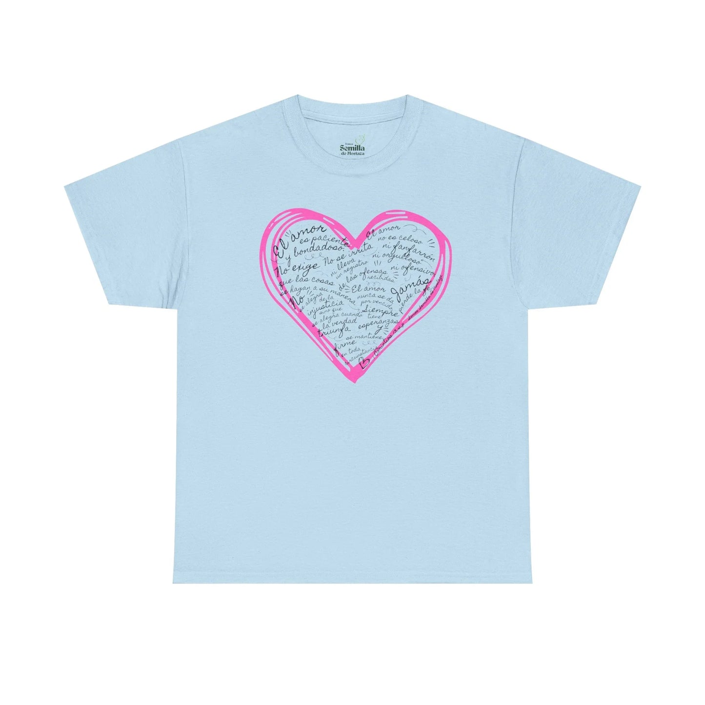 Light blue Christian t-shirt with pink heart and Spanish Scripture text design