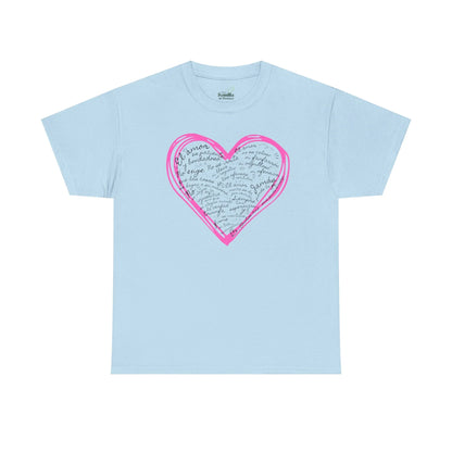 Light blue Christian t-shirt with pink heart and Spanish Scripture text design