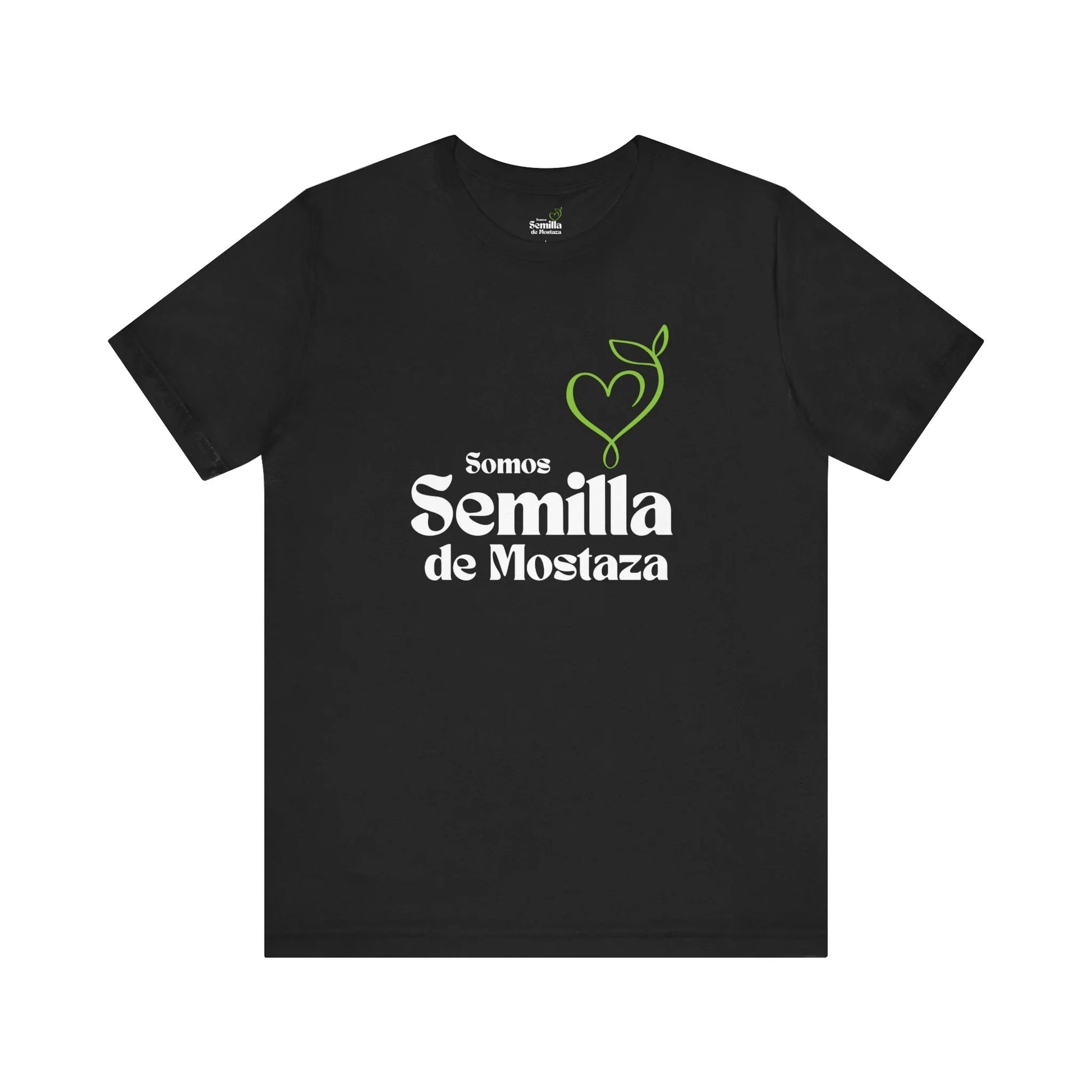 Black Christian t-shirt with 'Somos Semilla de Mostaza' and green heart-shaped sprout design.