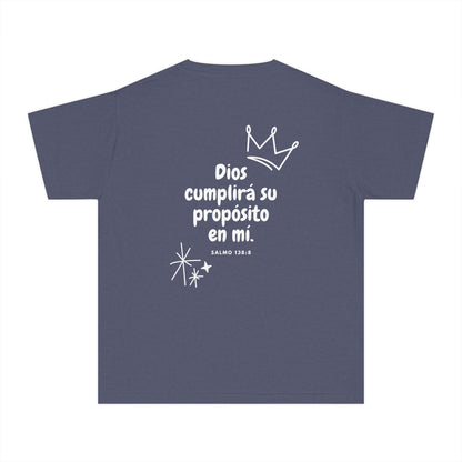 Navy blue Christian t-shirt with crown, stars, and Spanish Bible verse Salmo 138:8.