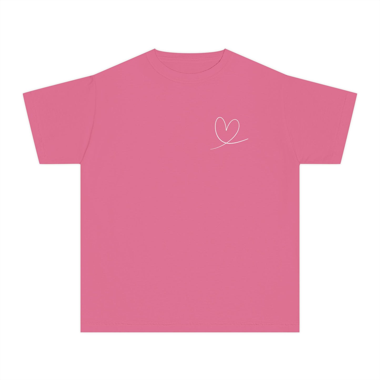Pink Christian t-shirt with minimalist heart design, faith-inspired apparel