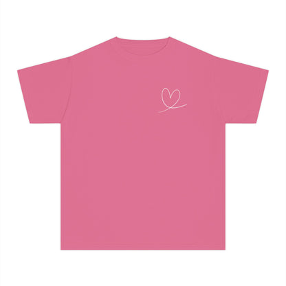 Pink Christian t-shirt with minimalist heart design, faith-inspired apparel