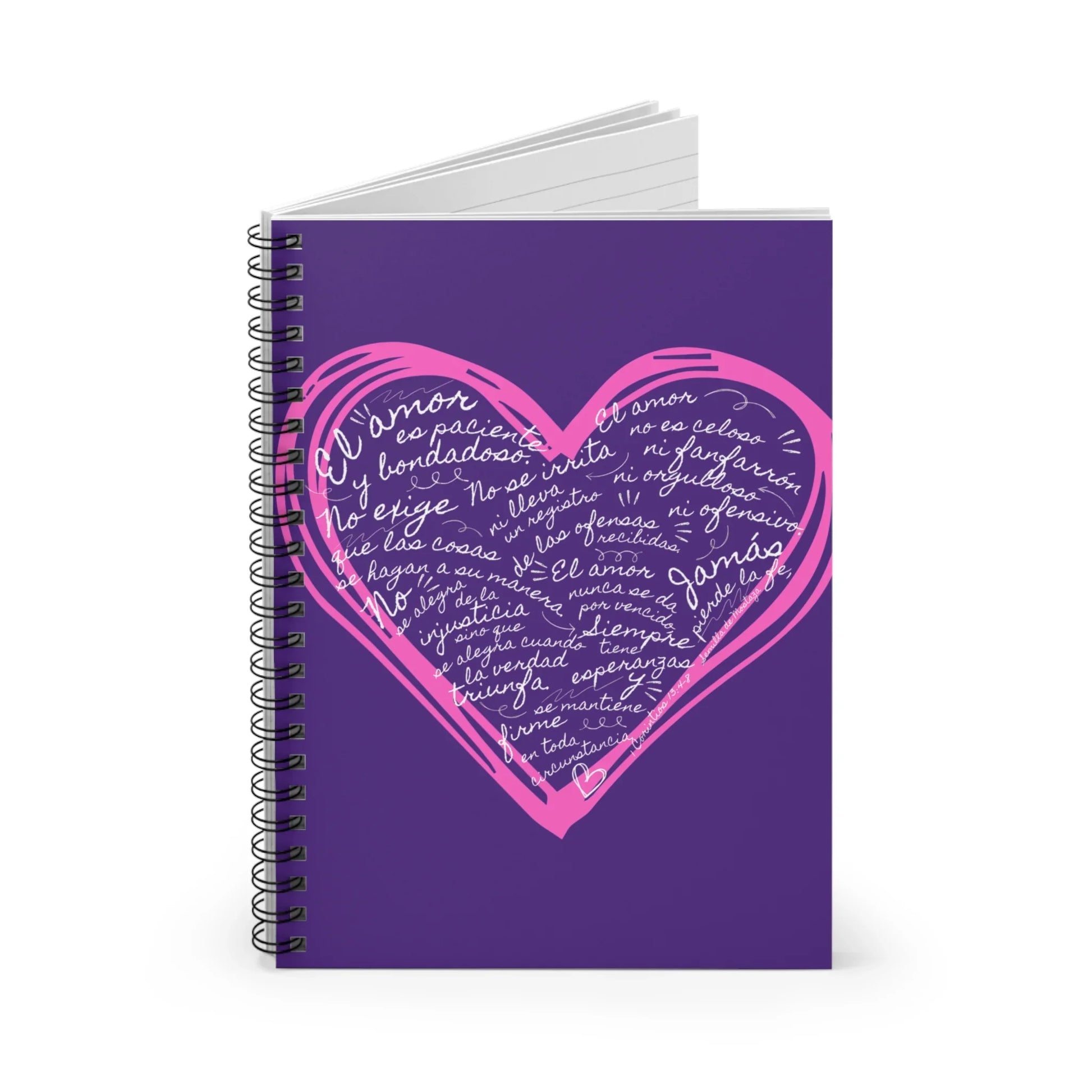 Spiral notebook with purple cover, pink heart, and Spanish Christian quote on love