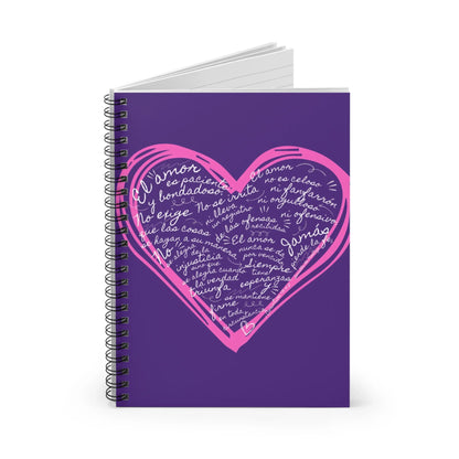Spiral notebook with purple cover, pink heart, and Spanish Christian quote on love