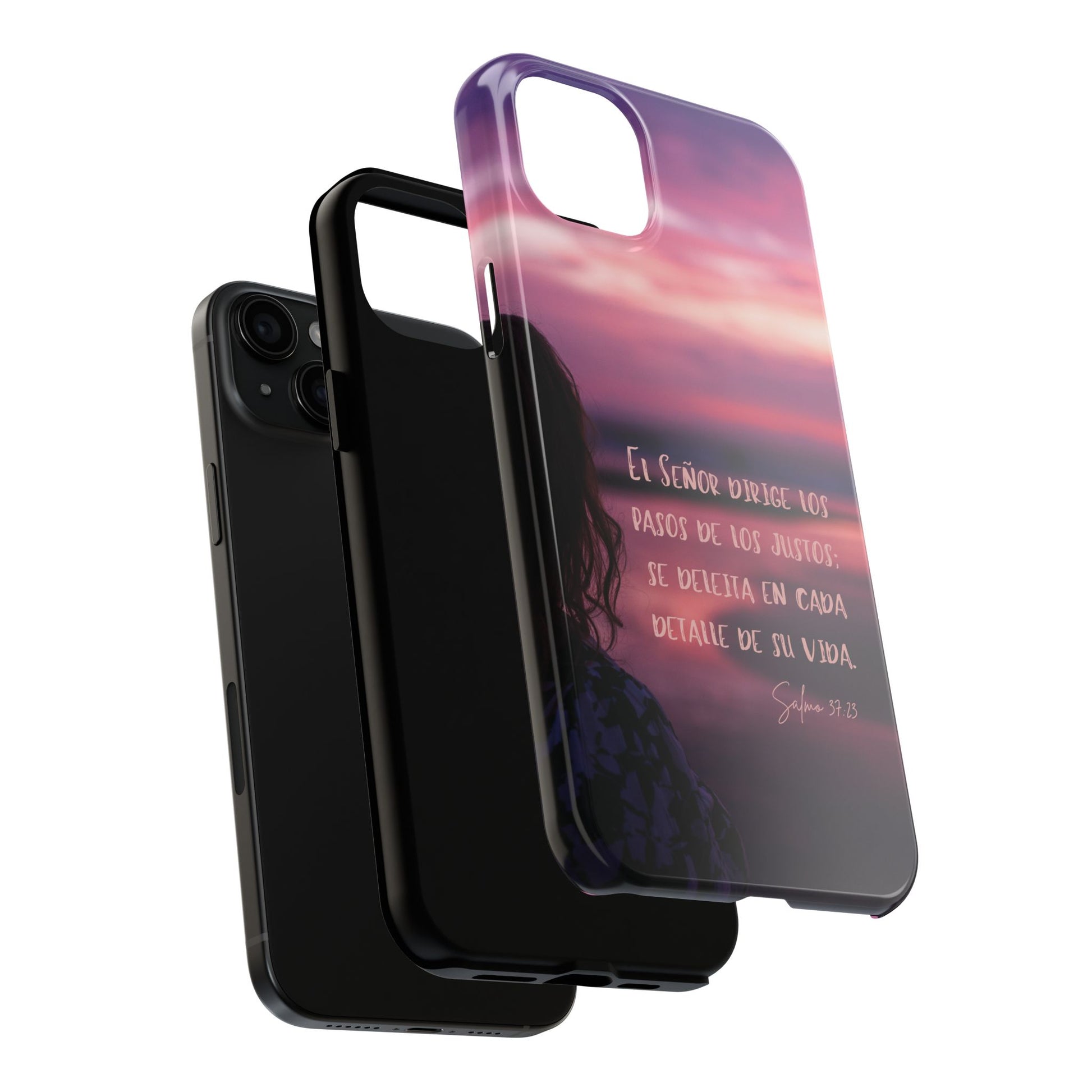 Christian phone case with Spanish Bible verse and sunset design, inspirational accessory