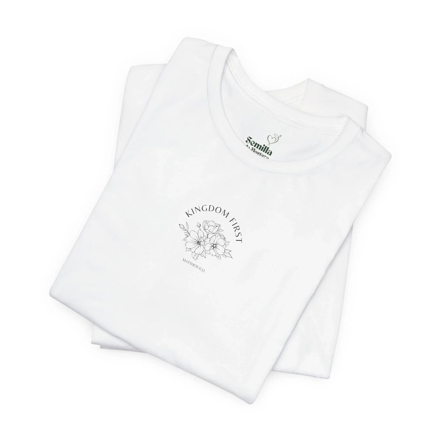 White Christian t-shirt with 'Kingdom First' floral Matthew 6:33 design, folded flat