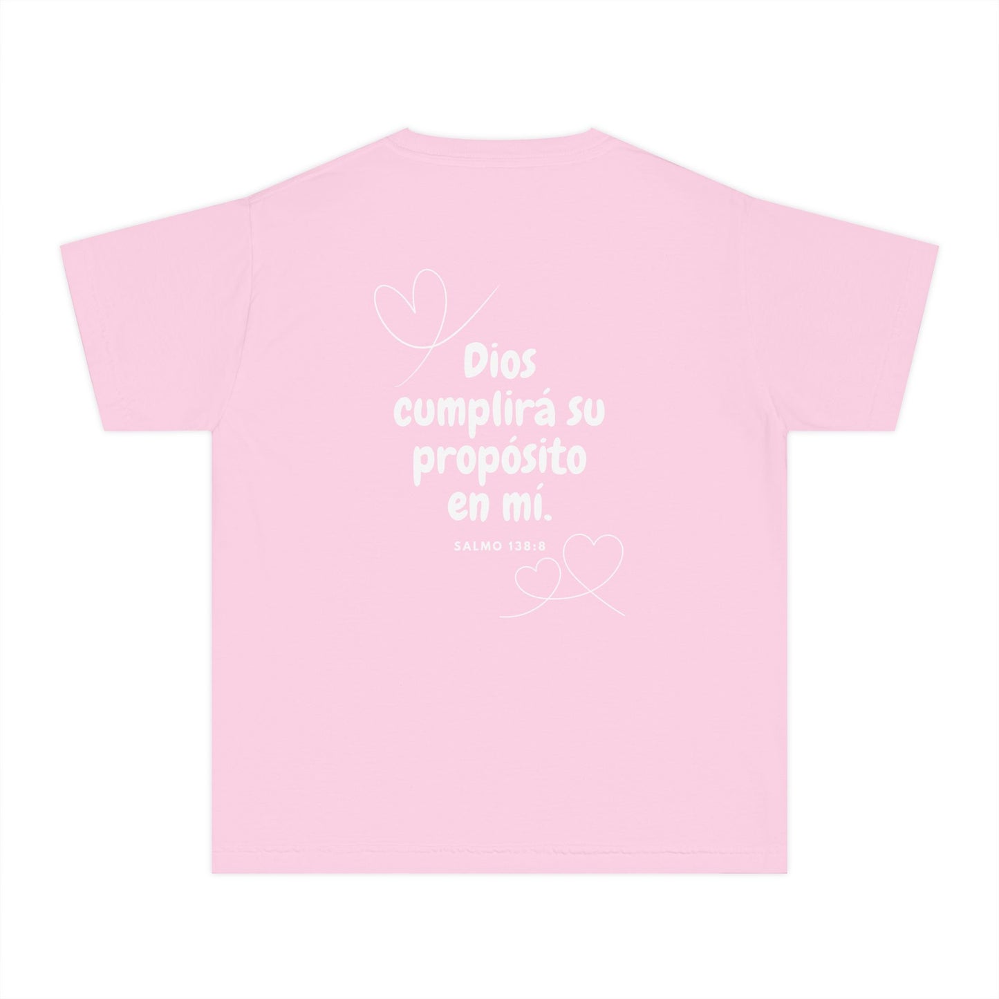 Pink Christian t-shirt with 'Dios cumplirá su propósito en mí' and hearts design