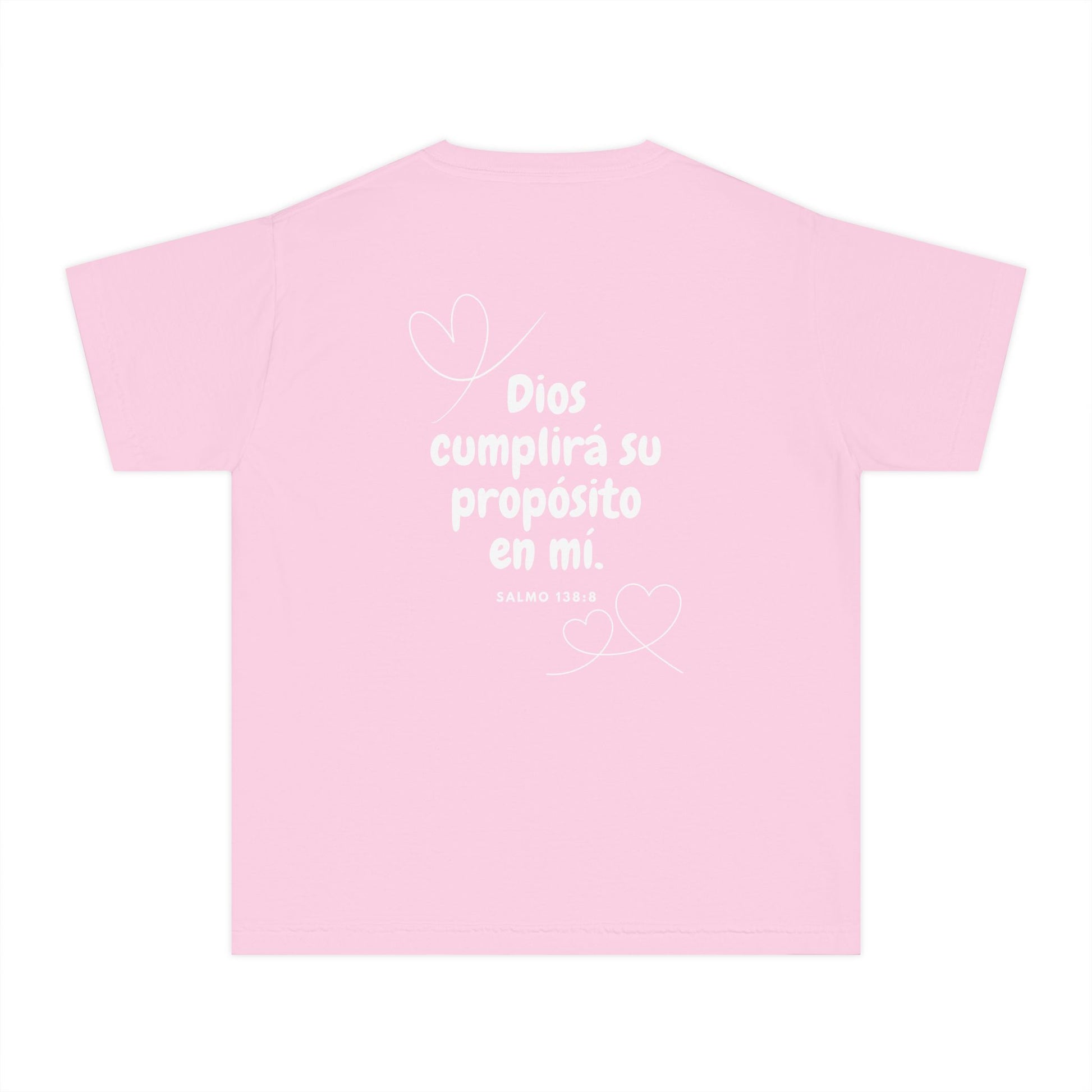 Pink Christian t-shirt with 'Dios cumplirá su propósito en mí' and hearts design