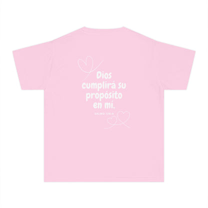 Pink Christian t-shirt with 'Dios cumplirá su propósito en mí' and hearts design