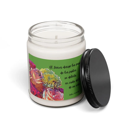 Christian candle in glass jar with Spanish Bible verse, floral design, and black lid