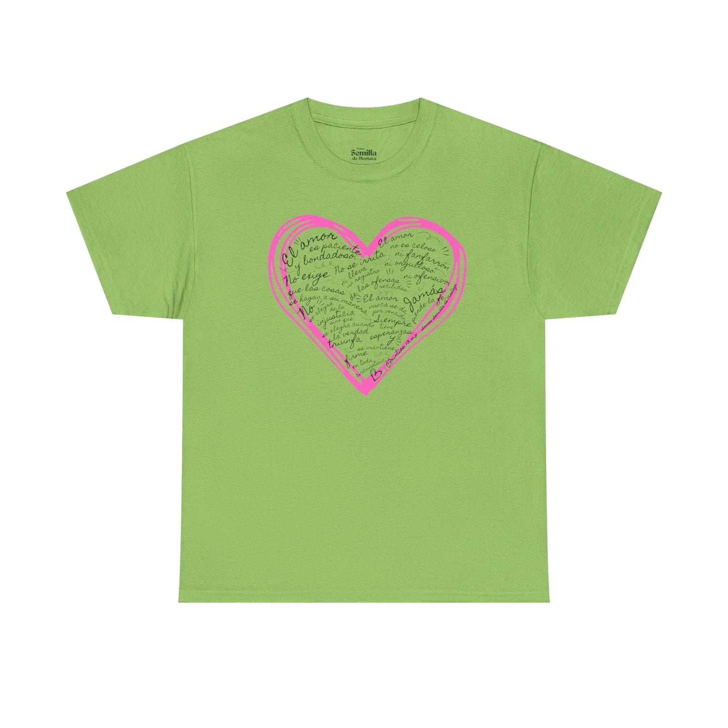 Light green Christian t-shirt with pink heart and Spanish handwritten scripture text