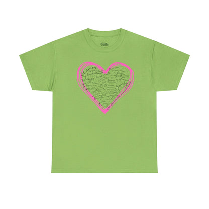 Light green Christian t-shirt with pink heart and Spanish handwritten scripture text