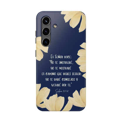 Navy phone case with yellow floral border and Spanish Psalm 32:7-8 Scripture design