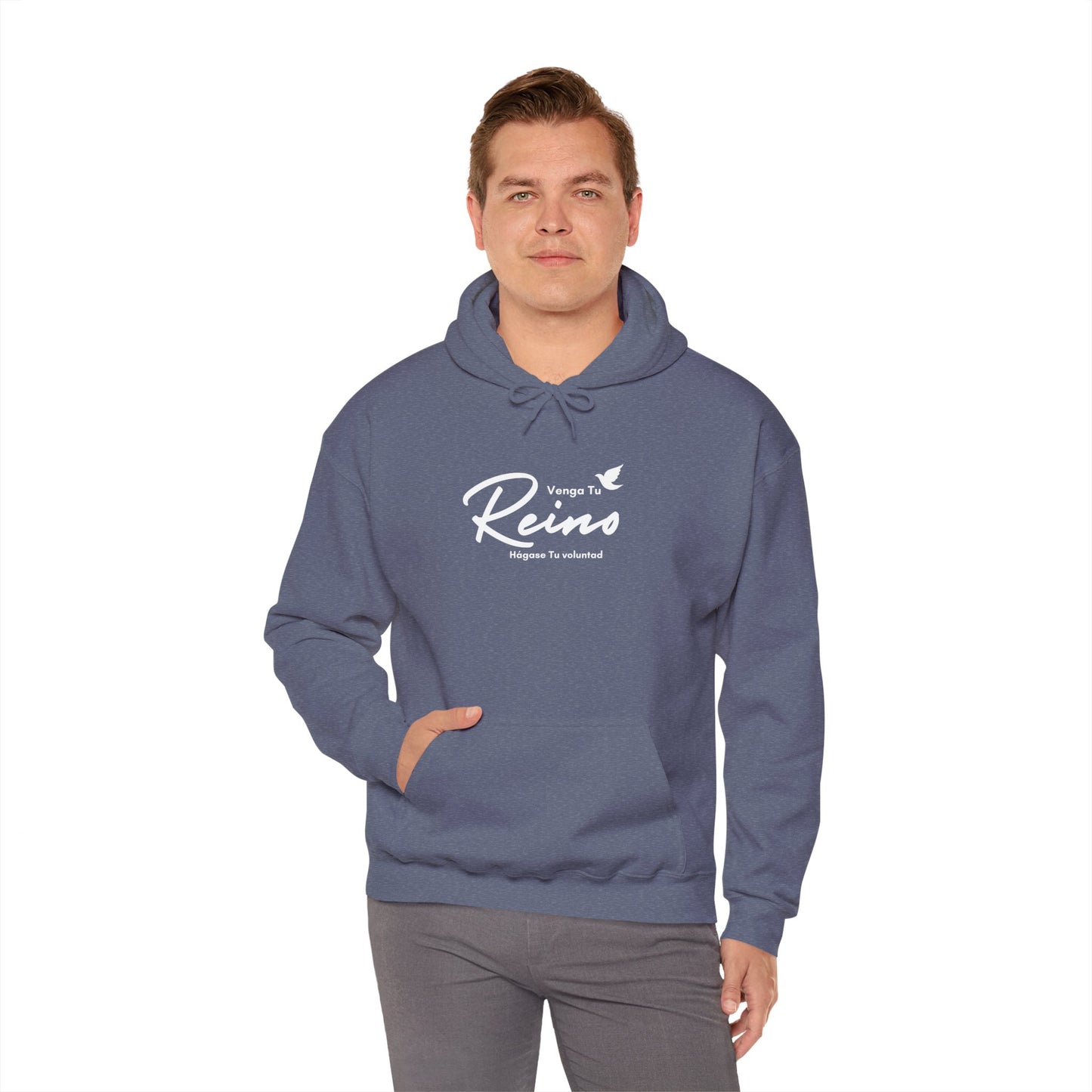 Man wearing blue Christian hoodie with Spanish 'Venga Tu Reino' scripture design