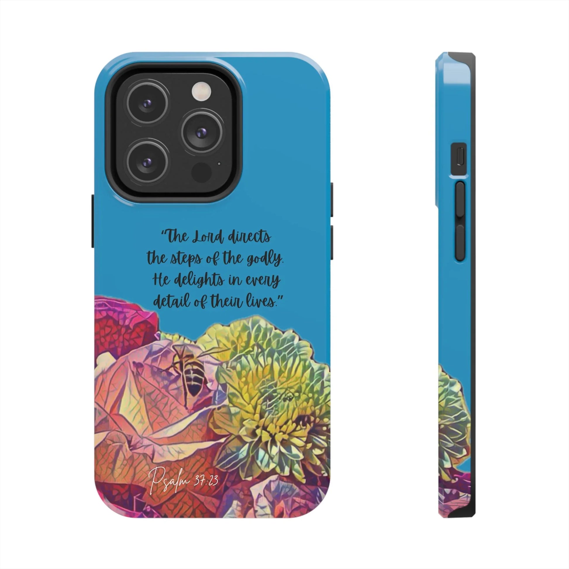 Christian phone case with floral artwork, bee, and Psalm 37:23 Scripture on blue background