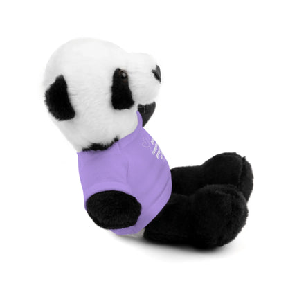 Plush panda bear wearing a purple Christian message t-shirt, sitting on white background