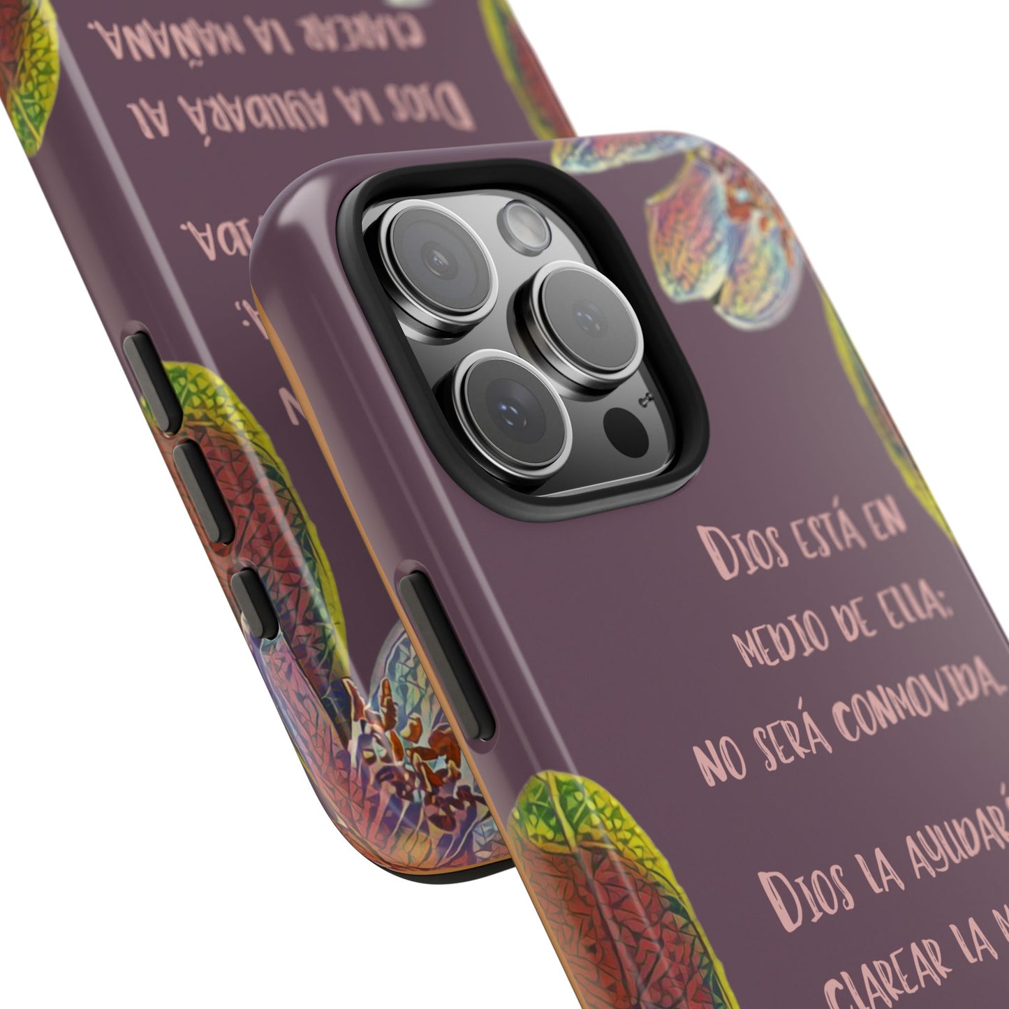 Purple Christian phone case with Spanish Bible verse and colorful abstract leaf accents