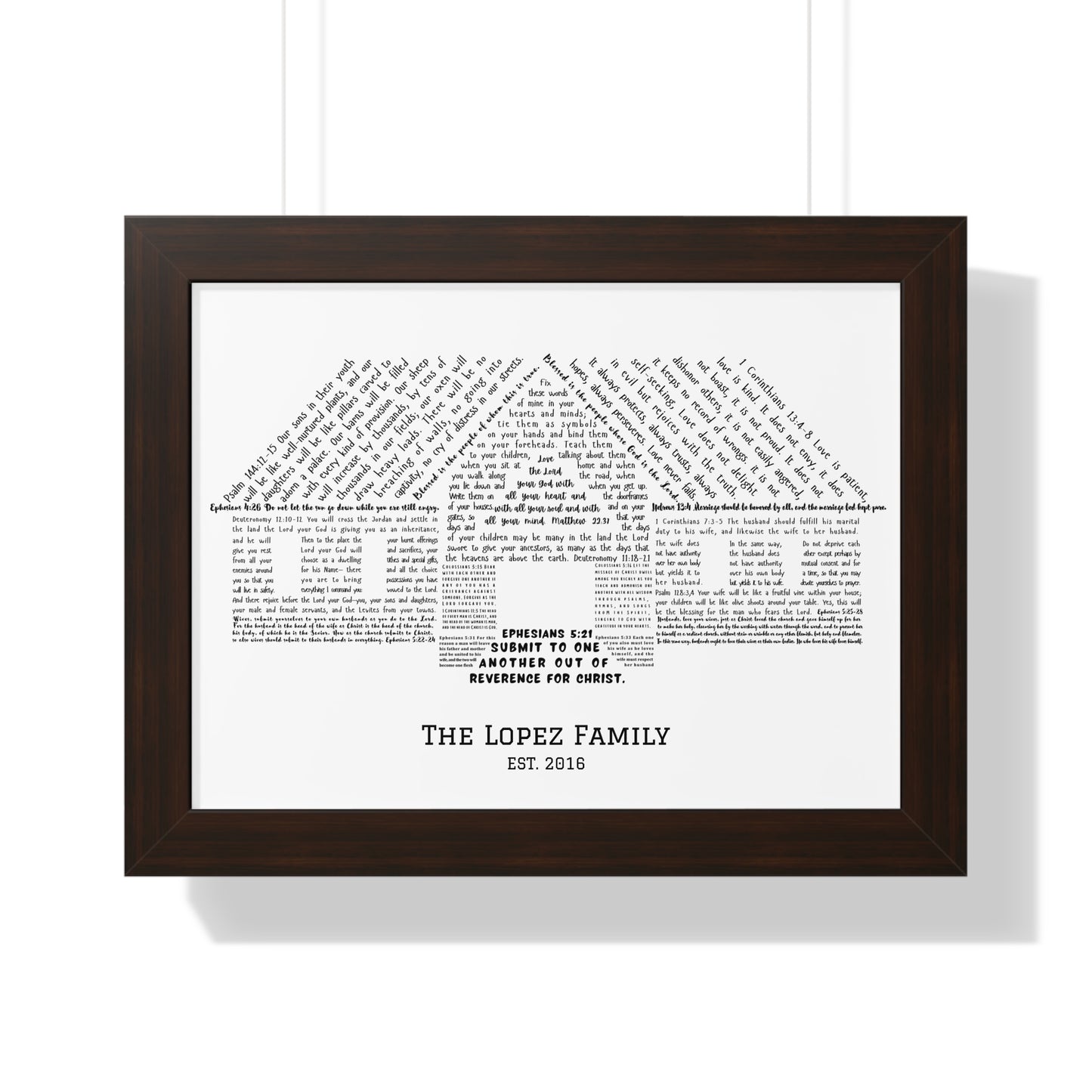 Custom Christian family wall art featuring Bible verses in the shape of a house, Lopez Family Established 2016.