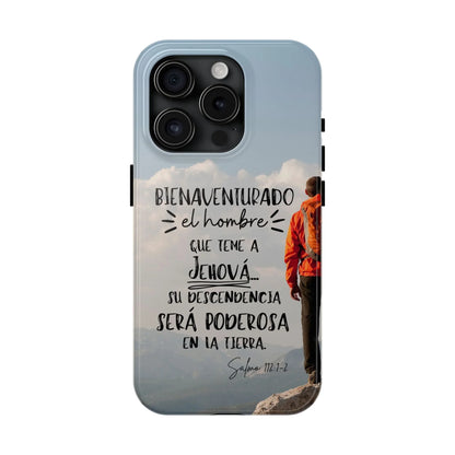 Christian phone case with Spanish Psalm 112:1–2 verse, hiker on mountain, faith inspiration