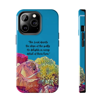 Blue Christian phone case with Psalm 37:23 scripture and colorful floral design