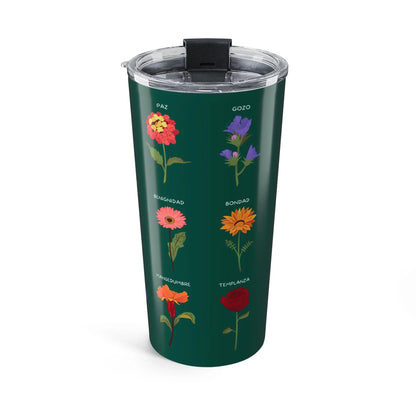 Christian stainless steel tumbler with illustrated flowers and Spanish faith-inspired words