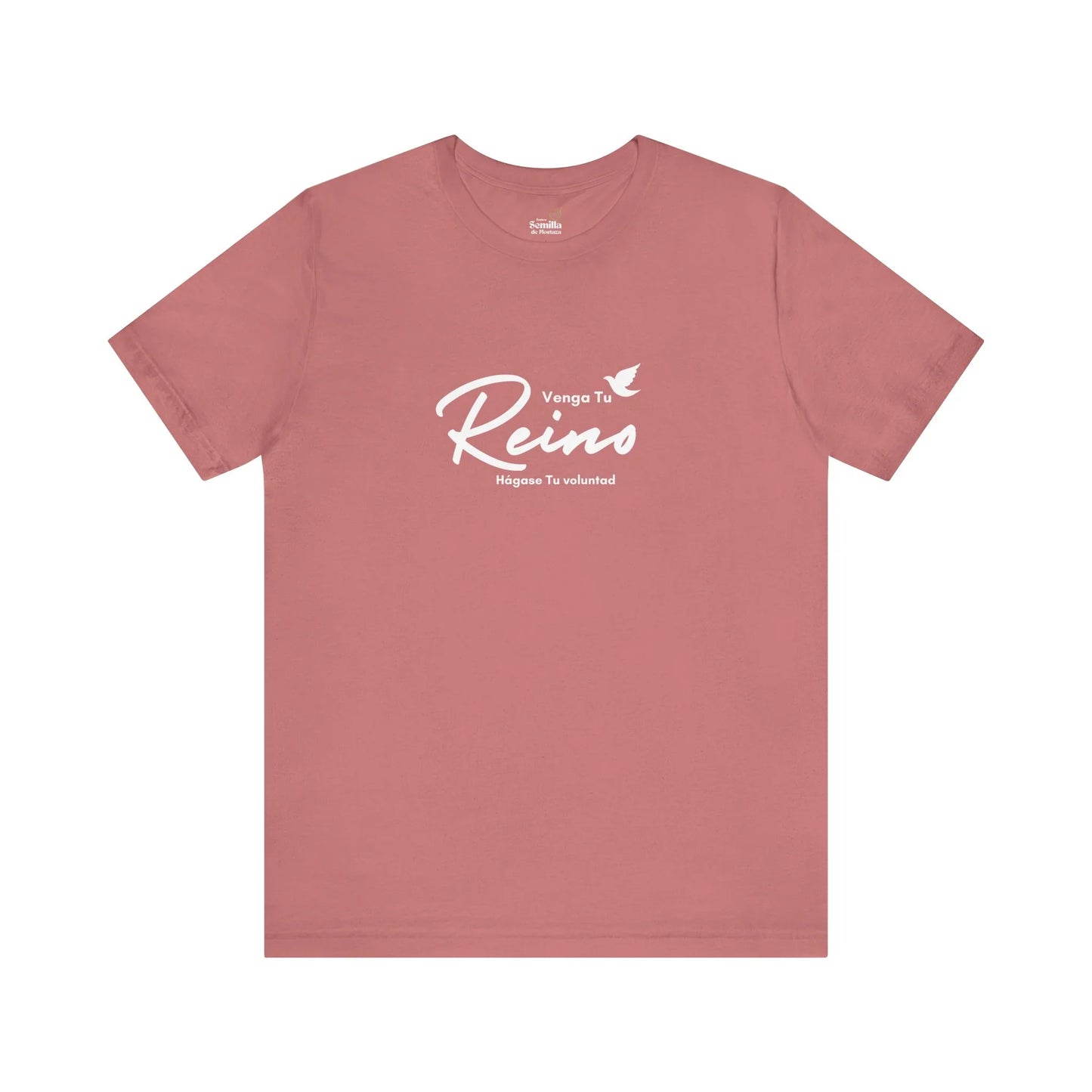 Pink Christian t-shirt with white Spanish text Venga Tu Reino and dove graphic, faith apparel