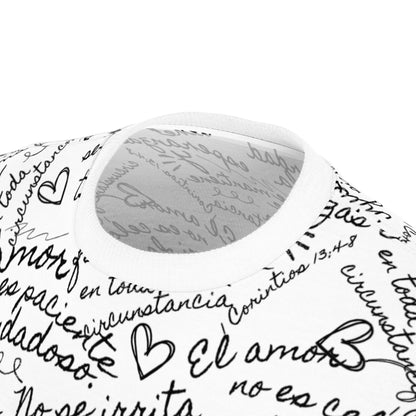 Close-up of Christian t-shirt with Spanish handwritten Scripture and heart designs