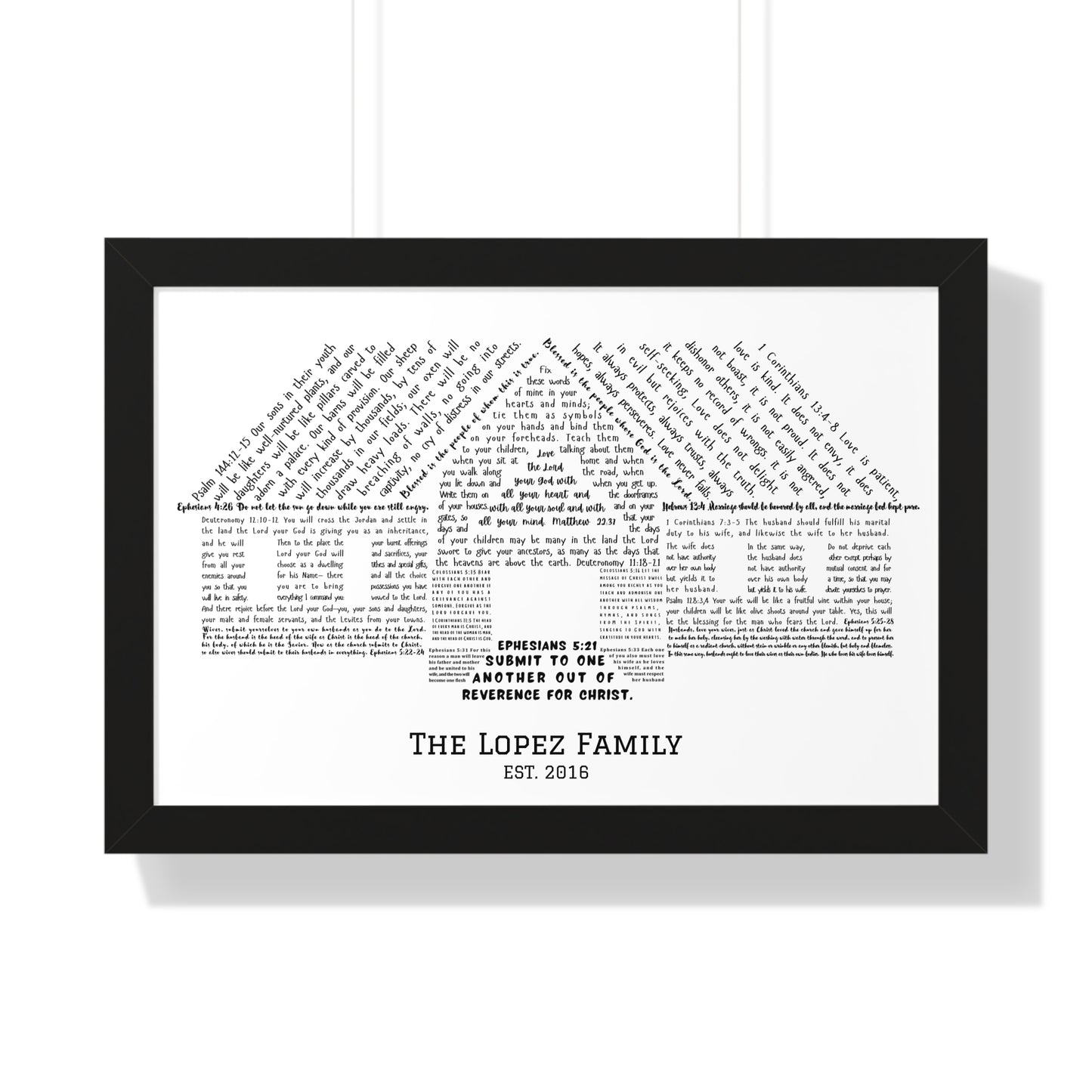 Custom Christian family wall art shaped like a house with Bible verses and family name print