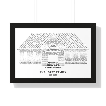 Custom Christian family wall art shaped like a house with Bible verses and family name print