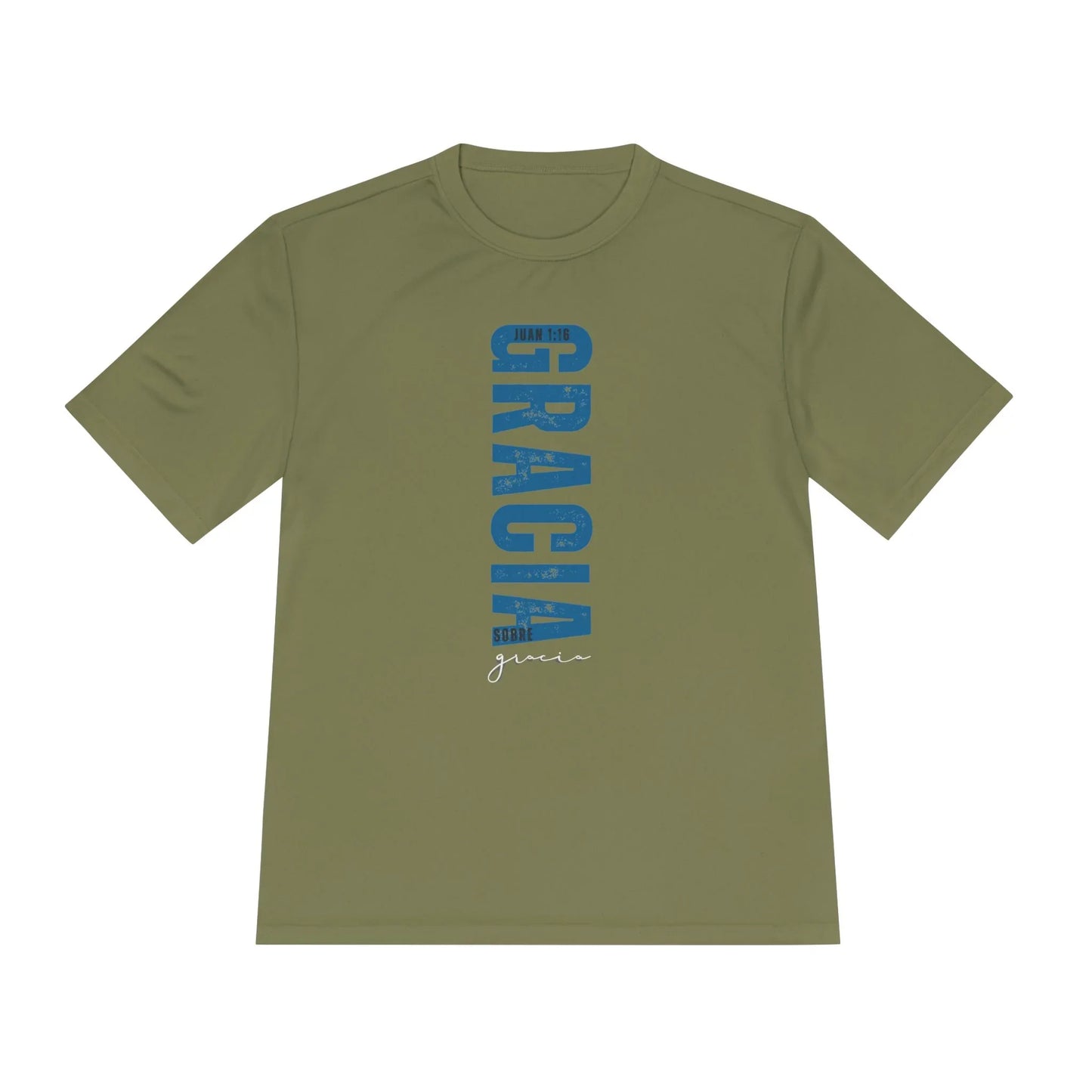 Olive green Christian t-shirt with 'Gracia sobre gracia Juan 1:16' in blue vertical text.