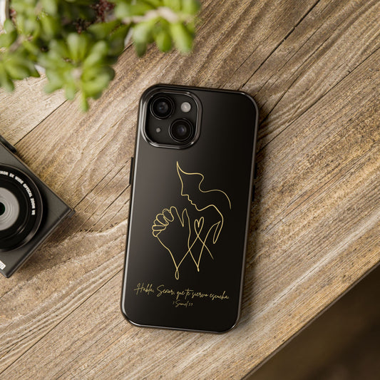 Black phone case with gold line art of praying hands and scripture, on rustic wood table