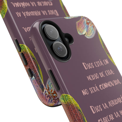 Purple Christian phone case with Spanish Bible verse and colorful floral accents