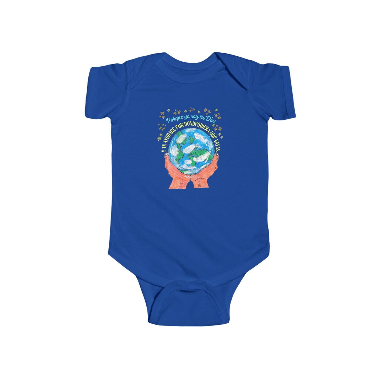 Blue Christian baby onesie with hands holding earth and bilingual Bible verse graphic.