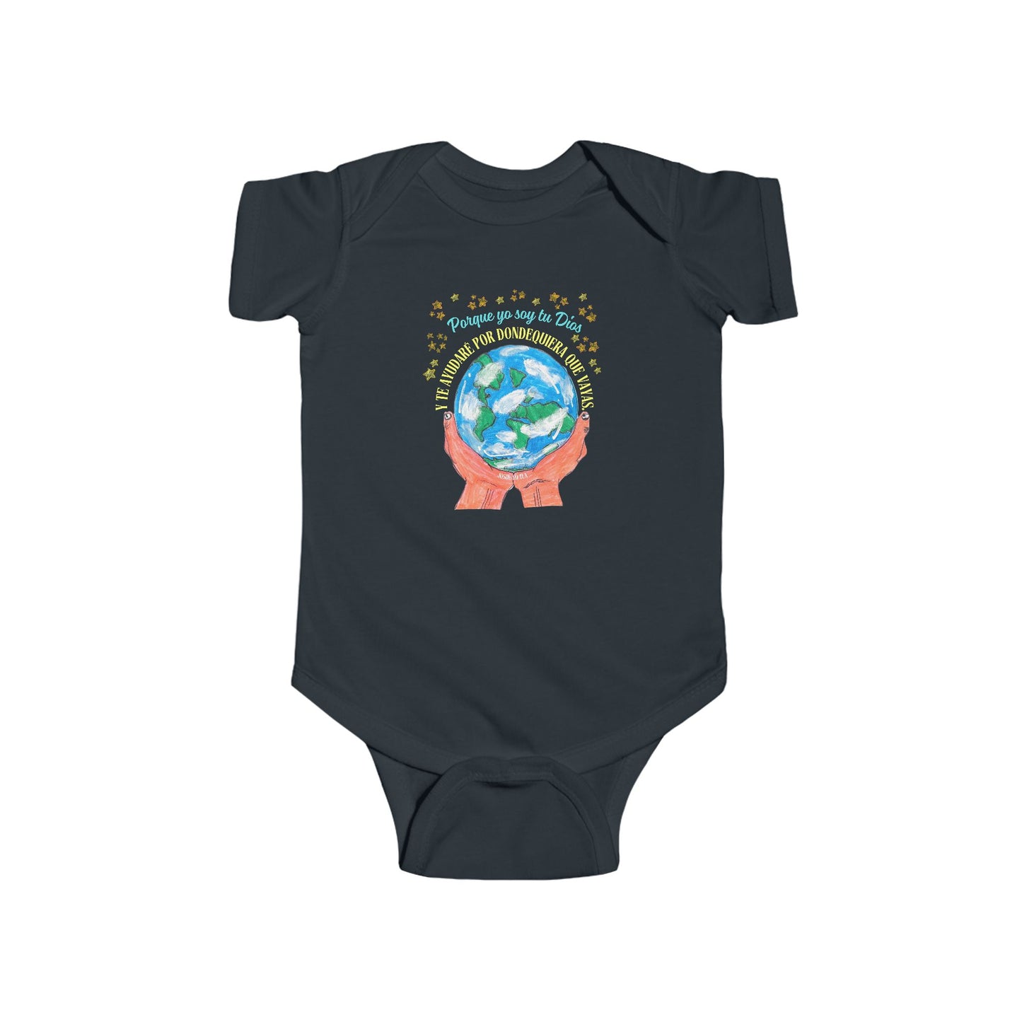 Christian baby onesie with earth illustration, hands holding globe, Spanish faith quote