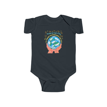 Christian baby onesie with earth illustration, hands holding globe, Spanish faith quote