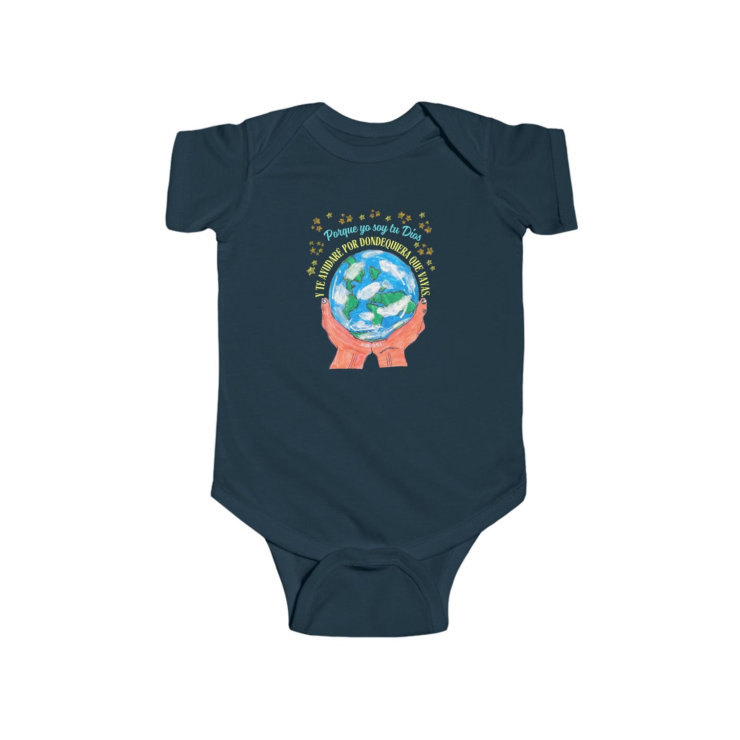 Navy blue baby onesie with illustration of hands holding Earth and Spanish Christian text